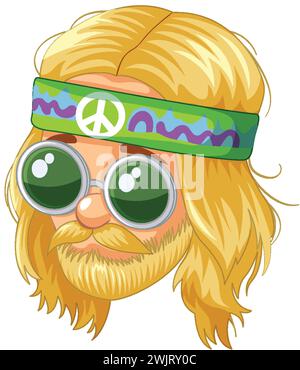 Cartoon Hippie Kopf mit Friedensschilder Brille. Stock Vektor