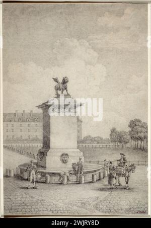 Nicolas-Joseph Vergnaux (* 19. Jahrhundert). „Brunnen der Esplanade des Invalides, dekoriert mit dem Löwen von St. Marc“. Zeichnung. Paris, Carnavalet Museum. 24350-10 Zeichnung, Emblem von Venedig, Invalidensesplanade, Brunnen, Löwe von St. Markus, Plünderung, erstes Reich, Schatzkrieg Stockfoto