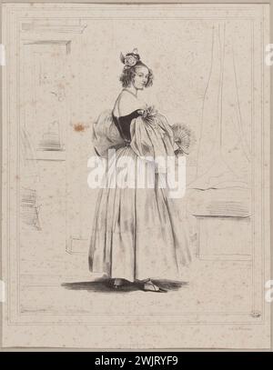 Achille Devéria (1800–1857), französischer Kupferstecher und Antoine Adolphe Catherine Fonrouge (1828–1855), französische Drucklithografie. Die Stunden des Tages: Mitternacht. Lithographie auf Papier, 1829. Paris, Carnavalet Museum. 77636-22 Schlafzimmer, Frisur, Zeichnung, Veranstaltung, Blume, Tag, Tag, Lithographie, Knoten, Abend, Abend, Hängen, Alltag, Bett, Kleid Stockfoto