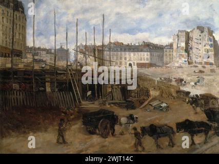 Durchstechen der Avenue de l'Opéra'. Anonym mit der Inschrift von Giuseppe de Nittis (1846-1884) auf dem Fahrgestell, 1878. Paris, Musée Carnavalet. 34711-18 Arrondissement, Standort, Pferd, iieme II 2. 2, ix ixem 9eme 9, Arbeiter, Piercing, Haussmann-Werke, Stockfoto