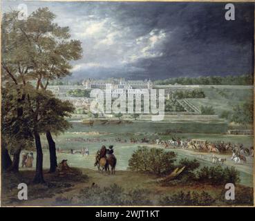 Adam-Frans van der Meulen (1632-1690). "Das Château Neuf de Saint-Germain und die Gärten während des Wiederaufbaus der Terrassen (zwischen 1664 und 1665)". Paris, Carnavalet Museum. 24104-16 Ankunft, Carrossian, New Chateau, Cortege, Wiederaufbau, King France, Suite, Terrasse, allgemeiner Blick Stockfoto