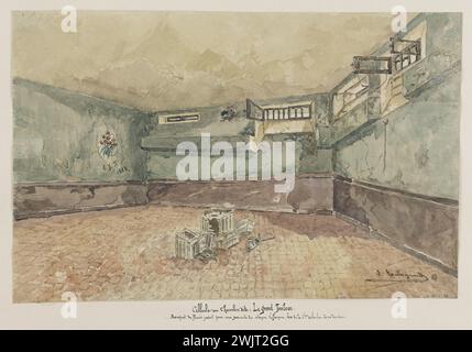 Jean-Louis Talagrand (* 1845). Das Sainte-Pélagie-Gefängnis: Zelle des sogenannten Raumes: Das große Grab. Aquarell, braune Tinte, Bleistift. Paris, Carnavalet Museum. Album mit Zeichnungen, Zimmer, Bleistift, braune Tinte, das große Grab, Pariser Gefängnis, Sainte-Pelagie Gefängnis, Veme VE V 5. 5. Arrondissement, Aquarell Stockfoto