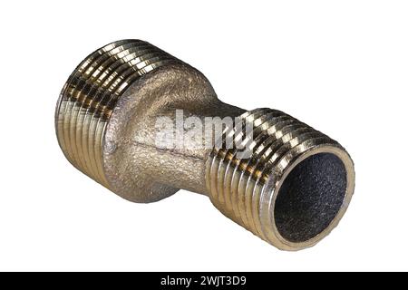 Messinganschluss für Rohradapter Reduzierstück, Objekt isoliert über weißem Hintergrund Stockfoto