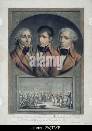 Pierre Michel Alix (1762-1817) nach Henri-Nicolas Gorp (1756-1819) und Jean Dupplessis-Bertaux (1747-1819). "Cambacérères, Bonaparte, Lebrun. Barthélémy, Präsident des konservativen Senats, überreicht dem ersten Konsul den konstituierenden Akt, der das Konsulat auf Lebenszeit festlegt.“, 4. August 1802. Paris, Musée Carnavalet. Porträt von Jean Jacques Régis Cambaceres, Herzog von Parme (1753–1824), Napoleon Bonaparte (1769–1821), Charles Francois Lebrun, Herzog von Plaisance (1739–1824), in einem Oval von 3/4 links, Cambaceres von 3/4 rechts. Unter dem Oval Barthelemy, Präsident des konservativen Senats p Stockfoto