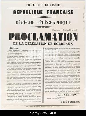F. Allier et fils, Drucker der Präfektur. Präfektur Isere. Französische Republik, Telegraphic Depeche, Bordeaux, 1. Februar, 10 Uhr Mat. Verkündigung der Delegation von Bordeaux". Typografie. EN 1871-1871. Paris, Carnavalet Museum. 146314-10 Stockfoto