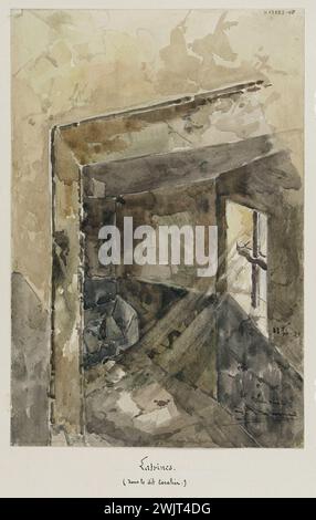 Jean-Louis Talagrand (* 1845). Das Gefängnis von Sainte-Pélagie: Latrinen (in der genannten Treppe). Aquarell, braune Tinte, Bleistift. Paris, Carnavalet Museum. Album mit Zeichnungen, Bleistift, braune Tinte, Latrine, Pariser Gefängnis, Sainte-Pelagie Gefängnis, Veme VE V 5. 5. Arrondissement, Aquarell Stockfoto