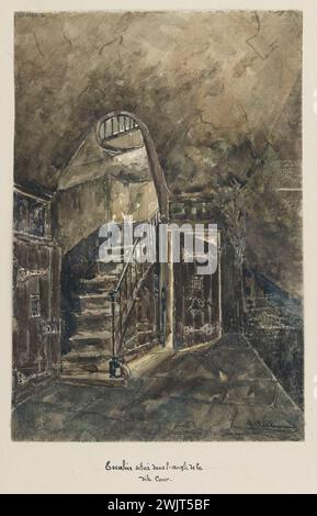 Jean-Louis Talagrand (* 1845). Sainte-Pélagie Gefängnis: Treppe in der Ecke des Schuldenhofs. Aquarell, braune Tinte, Bleistift. Paris, Carnavalet Museum. Album mit Zeichnungen, Bleistift, braune Tinte, Treppe, Pariser Gefängnis, Sainte-Pelagie Gefängnis, Veme VE V 5. 5. Arrondissement, Aquarell Stockfoto