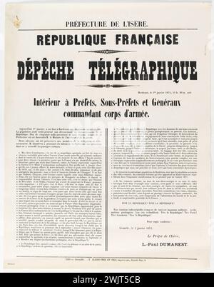 F. Allier et fils, Drucker der Präfektur. Präfektur Isere. Französische Republik, Telegraphic Depeche, Bordeaux, 1. Januar 1871, 11:00 Uhr 30 m. Abends. Innenraum mit Präfekten, Unterpräfekten und Generälen Commander Corps. Typografie. EN 1871-1871. Paris, Carnavalet Museum. 146314-11 Stockfoto