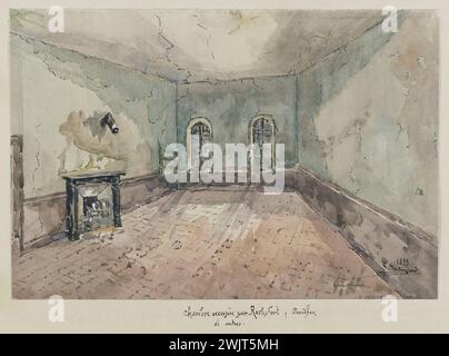 Jean-Louis Talagrand (* 1845). Das Sainte-Pélagie-Gefängnis: Kammer besetzt von Rochefort, Proudhon und anderen. Aquarell, braune Tinte, Bleistift. Paris, Carnavalet Museum. Album mit Zeichnungen, Schlafzimmer, Cheminée, Bleistift, braune Tinte, Pariser Gefängnis, Sainte-Pelagie Gefängnis, Veme VE V 5. 5. Arrondissement, Aquarell Stockfoto