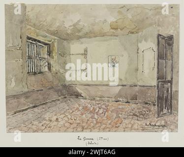 Jean-Louis Talagrand (* 1845). Das Sainte-Pélagie Gefängnis: Die Gomme Lounge (2. Straße). Aquarell, braune Tinte, Bleistift. Paris, Carnavalet Museum. Album mit Zeichnungen, Zimmer, Bleistift, braune Tinte, Kaugummi, Pariser Gefängnis, Sainte-Pelagie Gefängnis, Lounge, Veme ve V 5. 5. 5. Arrondissement, Aquarell Stockfoto