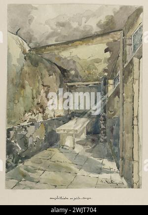 Jean-Louis Talagrand (* 1845). Das Sainte-Pélagie Gefängnis: amphitheater oder kleine Leichenhalle. Aquarell, braune Tinte, Bleistift. Paris, Carnavalet Museum. Album mit Zeichnungen, Bleistift, brauner Tinte, Leichenschauhaus, Pariser Gefängnis, Sainte-Pelagie Gefängnis, Veme ve V 5th 5th 5 Arrondissement, Aquarell Stockfoto