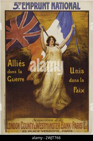 Etienne Maurice Firmin-Bouisset. "5. Staatsdarlehen, Verbündete im Krieg, vereint in Frieden, Abonnement der London County & Westminster Banks (Paris) LTD, 22, Place Vendôme-Paris'. Farblithographie. 1920. Paris, Museum Carnavalet. 74199-7 Allie, Englisch, England, Poster, Bank, Flagge, Staatskredit, Französisch, Krieg, Farblithographie, London County und Westminster Banks, London, Peace, Place Vendome, Abonnement, abonnieren, union Stockfoto