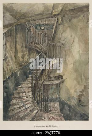 Jean-Louis Talagrand (* 1845). Das Sainte-Pélagie-Gefängnis: Fortsetzung der genannten Treppe. Aquarell, braune Tinte, Bleistift. Paris, Carnavalet Museum. Album mit Zeichnungen, Bleistift, braune Tinte, Treppe, Pariser Gefängnis, Sainte-Pelagie Gefängnis, Veme VE V 5. 5. Arrondissement, Aquarell Stockfoto