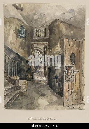 Jean-Louis Talagrand (* 1845). Das Sainte-Pélagie-Gefängnis: Treppe, die zur Krankenstation führt. Aquarell, braune Tinte. Paris, Carnavalet Museum. Album mit Zeichnungen, braune Tinte, Treppe, Pariser Gefängnis, Sainte-Pelagie Gefängnis, Tür, Schloss, 5. 5. Arrondissement, Aquarell Stockfoto