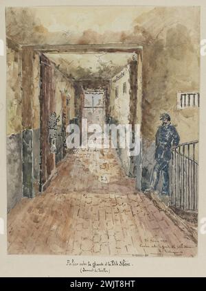 Jean-Louis Talagrand (* 1845). Das Sainte-Pélagie-Gefängnis: Ebene zwischen dem großen und kleinen Sibirien. / (Gipfel des Pavillons). Aquarell, braune Tinte, Bleistift. Paris, Carnavalet Museum. Album mit Zeichnungen, Bleistift, braune Tinte, Wächter, Landung, Perspektive, Pariser Gefängnis, Sainte-Pelagie Gefängnis, Veme VE V 5. 5. Arrondissement, Aquarell Stockfoto