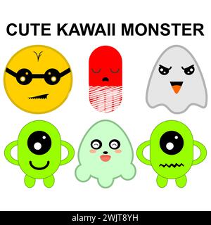 Set lustiger Monster. Niedliches und Kawaii Monster Kinder Icon Set. Sammlung niedlicher Comic-Monster in verschiedenen verspielten Charakteren. Stock Vektor