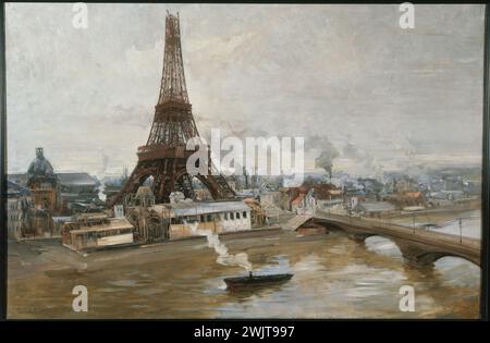 Paul-Louis Delance (1848-1924). "Der Eiffelturm und der Champ-de-Mars im Januar 1889 - das Werk der Weltausstellung". Öl auf Leinwand, 1889. Paris, Carnavalet Museum. 27101-8 Champ-de-Mars, Universalausstellung, seine, Eiffeltour, Werke, Öl auf Leinwand, Bridge Stockfoto