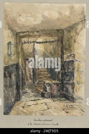 Jean-Louis Talagrand (* 1845). Das Sainte-Pélagie-Gefängnis: Treppe, die zur Inhaftierung führt, und die alte Kapelle. Aquarell, braune Tinte, Bleistift. Paris, Carnavalet Museum. Album mit Zeichnungen, Bleistift, braune Tinte, Treppe, Pariser Gefängnis, Sainte-Pelagie Gefängnis, Veme VE V 5. 5. Arrondissement, Aquarell Stockfoto