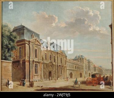 Westermann (zu Beginn des 20. Jahrhunderts aktiv), nach Raguenet. 'Das Hotel Carnavalet'. Öl auf Leinwand, 1926. Paris, Carnavalet Museum. Das Carnavalet Hotel, derzeit 3. Arrondissement. Urbane Landschaft. Ganz links die Zaunmauer des Gartens des Hotels Lamoignon, dann das Hotel Carnavalet, das Kloster der Himmlischen Annunziaden, genannt Girls-Bleues, und das Hotel Le Peletier in Saint-Fargeau. Kavalier, Pferd, Hund, Fassade, Frau, Front, Mann, Hotel carnavalet, Pferd, Öl auf Leinwand, vorbeifahren, vorbeifahren, Haustier, Menschen in der Natur, Reiter, rue des Francs Bourgeois, Szenestraße, Autovermietung Stockfoto