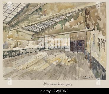 Jean-Louis Talagrand (* 1845). Das Sainte-Pélagie-Gefängnis: Werkstatt für Leinentaschen. Aquarell, braune Tinte, Bleistift. Paris, Carnavalet Museum. Zeichenalbum, Leinwandtüte Werkstatt, Bleistift, braune Tinte, Pariser Gefängnis, Sainte-Pelagie Gefängnis, Veme VE V 5. 5. Arrondissement, Aquarell Stockfoto
