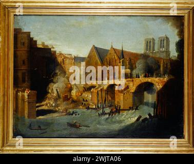 Nach Jean-Baptiste Oudry (1686-1755). "Der Petit-Pont, nach dem Brand von 1718". Öl auf Leinwand. Paris, Carnavalet Museum. Kathedrale, Hotel-dieu, Feuer, 4. 4. 4. Arrondissement, Notre-Dame, Ruinen, seine, Brücke Stockfoto