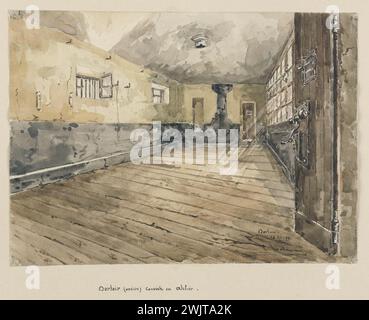 Jean-Louis Talagrand (* 1845). Das Gefängnis von Sainte-Pélagie: Schlafsaal (alt) in eine Werkstatt umgewandelt. Aquarell, braune Tinte. Paris, Carnavalet Museum. Album mit Zeichnungen, Werkstatt, Schlafsaal, braune Tinte, Pariser Gefängnis, Sainte-Pelagie Gefängnis, Tür, Schloss, 5. 5. 5. 5. 5. 5. Arrondissement, Aquarell Stockfoto