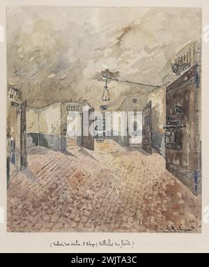 Jean-Louis Talagrand (* 1845). Das Sainte-Pélagie-Gefängnis: galerie der isolierten, 3. Etage - untere Zellen. Aquarell, braune Tinte, Bleistift. Paris, Carnavalet Museum. 3. Stock, Zeichenalbum, Bleistift, braune Tinte, Galerie, Isolation, Isolation, Pariser Gefängnis, Sainte-Pelagie Gefängnis, Veme VE V 5. Arrondissement, Aquarell Stockfoto