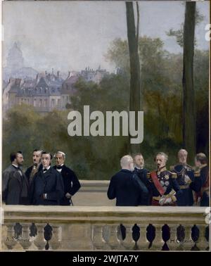 Henri Gervex (1852-1929) / Alfred Stevens (1823-1906). "Gruppe von Männern, darunter drei in Uniform (General Canrobert), Fragment des Panoramas der Jahrhundertgeschichte". Öl auf Leinwand, 1889. Museum der Schönen Künste der Stadt Paris, Petit Palais. 36415-2 Mann, General, Geschichte, Geschichte, Französisch, Französisch, Panorama, Uniform, 19. XIX. 19. 19. 19. 19. Jahrhundert, Öl auf Leinwand Stockfoto