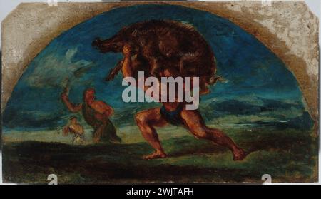 Pierre Andrieu (1821-1892), Eugène Delacroix (1798-1863). „Herkules und das Wildschwein von Erymanthe“, Skizze für die Friedensmesse des Pariser Rathauses. Öl auf Leinwand, 1849-1852. Museum der Schönen Künste der Stadt Paris, Petit Palais. 36769-1 römische Antike, Skizze, Held, Rathaus von Paris, mythologischer Charakter, Friedenssalon, Eber, Kampf, Öl auf Leinwand, Mythologie Stockfoto