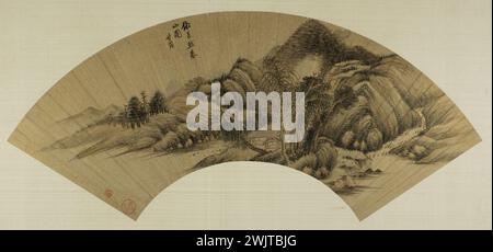 Dong Qichang (1555-1636). "Nach Jurans Bild, die Berge im Frühling". Tinte und Farben auf goldenem Hintergrund (Papier). China, Ming-Dynastie. Paris, Cernuschi Museum. Laut Jurans Gemälde, die Berge im Frühlingsbaum, Charakter, China, Farbe, Ming-Dynastie, Dynastie, Tinte, Fan, Gold Fund, Eventail Format, Goldhintergrund, Ideogramm, Chinesisches Ideogramm, Tinte, Ming-Dynastie, Berg, Berg, Papier, Landschaft, Porzellan, Feder, Dichtung, Scenic, Spring, Stream, Bach, Baum, Vegetation, Wasser, Charakter, China, Farbe, Farbe, Haus, Landschaft, Maison, Papier, Werk, Dichtung Stockfoto