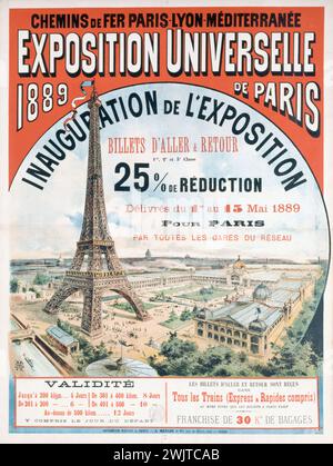 Einweihung der Weltausstellung von 1889. Bahnstrecke Paris-Lyon-Méditerranée. Paris, Carnavalet Museum. 25256-1 Champ-de-Mars, Eisenbahn, Universalausstellung, Einweihung, Bahnstrecke, Paris-Lyon-Mediterranee, Promotion, Werbung, Reduktion, Eiffelturm, Zug, VIIEME VII 7. 7. Arrondissement, Transport Stockfoto