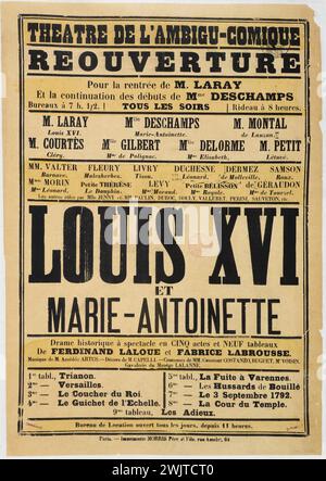 Morris Vater und Sohn drucken. Theater des Ambigu-Comics, Louis XVI. Und Marie-Antoinette. Poster. Typografie. Paris, Carnavalet Museum. Ambigu-Comic, Farblithographie, Theater, Typografie Stockfoto