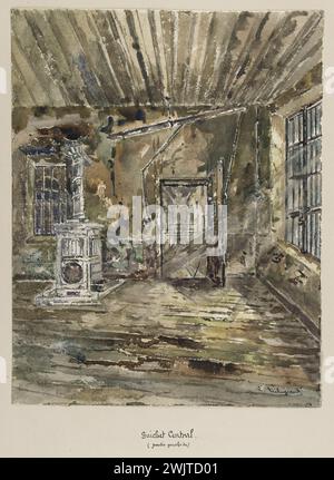 Jean-Louis Talagrand (* 1845). Das Sainte-Pélagie-Gefängnis: Linker Teil der zentralen Theke. Aquarell, braune Tinte. Paris, Carnavalet Museum. Album mit Zeichnungen, braune Tinte, zentrales Fenster, Pariser Gefängnis, Sainte-Pelagie Gefängnis, Veme VE V 5. 5. Arrondissement, Aquarell Stockfoto