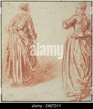 Jean-Antoine Watteau (1684-1721). "Untersuchung zweier Frauenfiguren, Rücken von Rücken". Sanguine auf Papier, 18. Jahrhundert. Paris, Cognacq-Jay Museum. 35017-3 Rücken, Vorhang, elegant, Arbeitszimmer, Frau, Blut auf dem Papier, siehe Stockfoto