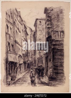 Camille Bourget. Die Rue de Venise. Paris (IV. Bezirk), 1801-1900. Bleistift auf cremefarbenem Papier. Paris, Carnavalet Museum. 77657-16 Arrondissement, Bleistift, Zeichnung, schmal, Fassade, Personengruppe, Gebäude, 4. 4. 4. 4. 4. 4. 4. 4. 4. 4., Pariser Bezirk, Rue de Venise Stockfoto