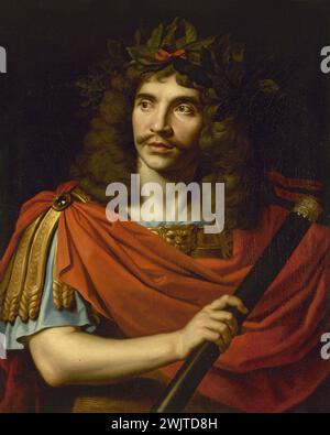 Nicolas Mignard (1606-1668). Molière (1622-1673) in der Rolle des Cäsars vom 'Tod von Pompeius', Tragödie von Corneille. Paris, Carnavalet Museum. Schauspieler, französischer Dramatiker, römischer Kaiser, in der Büste, Mann, Kunstwerk, Theaterstück, Porträt, Rolle, rot, Malerei, Tragödie Stockfoto