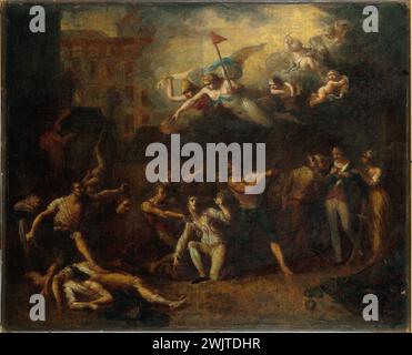 Charles Thévenin (1764-1838). „Tod von Monsieur de Pelleport, der eingreift, um Monsieur de Losme, Offizier der Bastille, vor dem Rathaus zu retten“. Öl auf Leinwand. Paris, Carnavalet Museum. Flügel 39431-18, Allegorie, Engel, 4. 4. 4. 4. 4. 4. Arrondissement, Rathaus, Massaker, Französische Revolution, Öl auf Leinwand Stockfoto