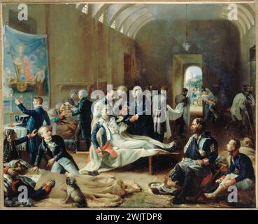 Pierre Vigneron (1789-1872). "Ein Krankenwagen im Jahre 1814, während des französischen Feldzugs". Öl auf Leinwand. Paris, Carnavalet Museum. 34275-1 Ampute, Amputation, Verband, Verletzung, französische Kampagne, Napoleonischer Feldzug, Doktor, französischer Soldat, Tod, Priester, beten, Gesundheit, behandeln, Pflege, Hund, Öl auf Leinwand Stockfoto