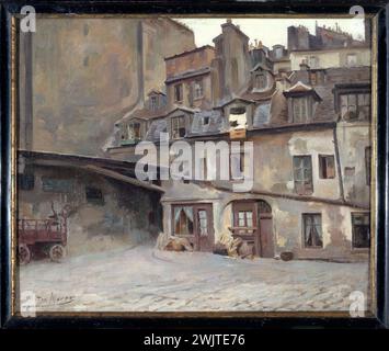 Victor Marec (1862-1920). "Der Hof des Pferdes Weiße Auberge, rue Mazet". Öl auf Holz. Paris, Carnavalet Museum. Auberge du Cheval Blanc, Innenhof, Öl auf Holz, Rue Mazet, Vieme VI 6. Arrondissement Stockfoto