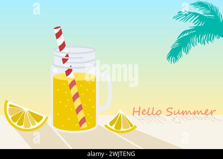 Ein Glas Limonade mit einem abgestreiften Stroh und der Aufschrift „Hallo Summer“. Am Strand. Stock Vektor