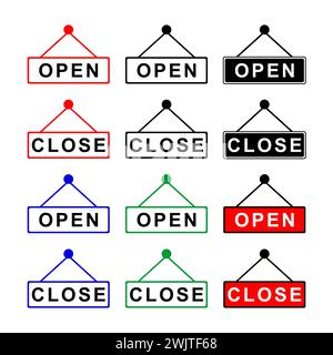 Symbolgruppe öffnen und schließen. Öffnen und schließen Sie die Symbole der Aufhängetafel auf transparentem Hintergrund. Brettsymbol öffnen und schließen, das im Geschäft, Restaurant, Vektor hängt. Stock Vektor