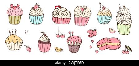 Cupcakes und Macarons mit Sahne und süßem Essen in einem großen Set kritzeln. Vektor-Illustration kann für Backwarenhintergrund, Einladungskarte, Poster, Textil, Banner verwendet werden, Grußkarte, Einladungskarte, Bäckerei Design Stock Vektor
