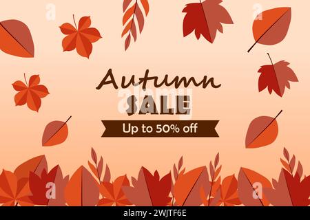 Herbstangebot Hintergrund, Banner, Poster oder Flyer Design. Vektorillustration mit wunderschönem Blattrahmen und Text bis zu 50 % Rabatt. Stock Vektor