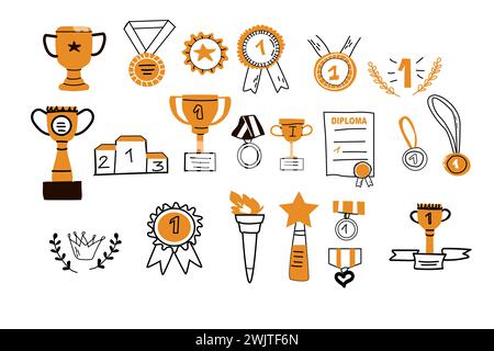 Große Reihe handgezeichneter Doodle-Auszeichnungen mit isolierten Farbsymbolen. Vektor-Illustration des Siegerpokals, der Championmedaille, des Siegerdiploms. Handgezeichnete Skizze – Champion, Sieg, Erfolgselemente Stock Vektor