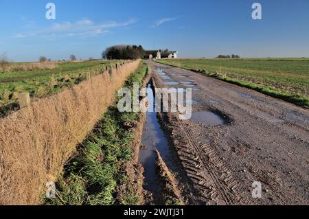 Pfützen entlang des Imber Range Path auf Westbury Hill, Wiltshire. Stockfoto