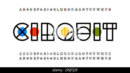 Primitive Formen Alphabet, fette geometrische Buchstaben, leuchtende Konturfarbe für kreatives Logo, Identität und Kunsttypografie. Abstrakte, farbenfrohe Formen Stock Vektor