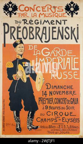 Caran d'Ache (Emmanuel Poiré, 1858-1909). Charles Verneau Druckerei. Konzerte mit der Musik des Präobrajenski-Regiments der russischen Kaiserlichen Garde, Cirque des Champs-Elysées. Poster. Farblithographie. Paris, Carnavalet Museum. Werbeplakat, Champs-Elysées, Zirkus, Konzert, russische Kaisergarde, Farblithographie, Musiker, Musik, Werbung, Preobrajenski Regiment Stockfoto