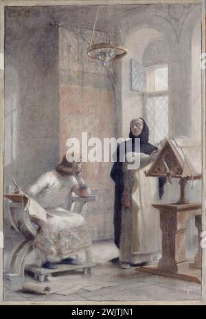 Théobald Chartran (1849-1907). Louis IX. (1214-1270), in der Abtei von Royaumont, Studium der Mathematik unter der Leitung von Vincent de Beauvais, Skizze für die Treppe der Sorbonne, um 1888. Öl auf Leinwand und schwarzem Bleistift. Museum der Schönen Künste der Stadt Paris, Petit Palais. 24956-8 Abbey Royaumont, Cistercienne, Dominikanerin, Elevé, Lehren, Treppe, Skizze, Student, Studium, Ausbildung, francais, Mönch, Professor, König Frankreich, sorbonne, Saint Stockfoto