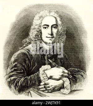 Altes Portait des französischen Malers Charles-Antoine Coypel (1694–1752). Erstellt von Bocourt und Gusmand, veröffentlicht auf magasin Pittoresque, Paris, Stockfoto