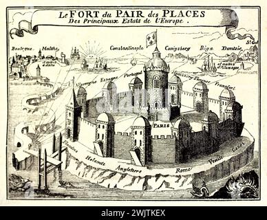 Allegorische Gravur der europäischen Mächte als befestigte Städte mit Schwerpunkt Paris, symbolisch für Stärke und Einheit. Aus Magazin Pittoresque, 1852. Stockfoto